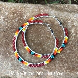 Red with Native Colors Beaded Hoops, New, Handmade by Me